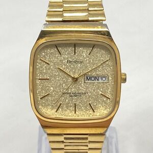 Vtg Armitron Watch Men 30mm Gold Tone Day Date Glitter Stretch Band New Battery